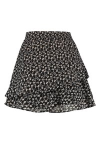 Černá květinová sukně s volánkovým lemem, která má elastický pas a jemný bílý a béžový květinový vzor po celé ploše.