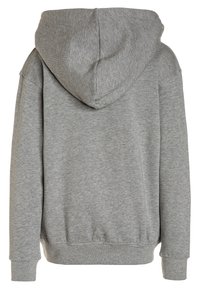 Grijze capuchontrui met een zachte textuur, voorzien van een kangoeroezak, geribde manchetten en een brede tailleband. Achteraanzicht getoond.