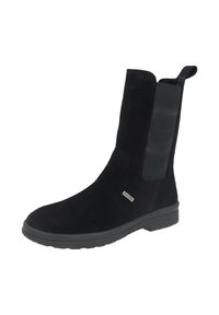 Schwarze Wildleder-Ankle-Boots mit elastischen Seitenpaneelen, runder Zehenform und strukturiertem Gummisohle. Verfügt über ein kleines Markenlabel an der Seite.