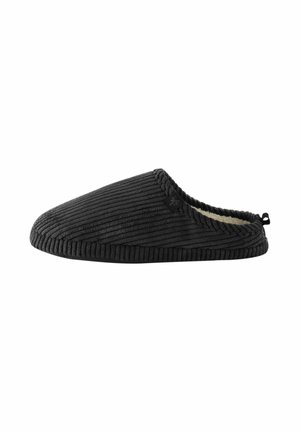 Pantofole nere in velluto a coste senza lacci con morbida fodera interna color crema e piccolo tirante sul tallone.