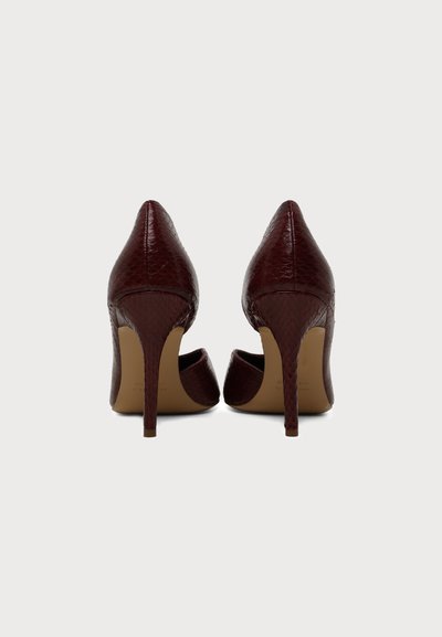 Paire de chaussures à talons hauts marron foncé avec bouts pointus et cuir texturé vues de dos sur un fond blanc uni.