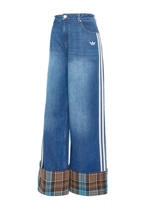 Pantaloni a gamba larga in denim azzurro chiaro, con strisce laterali bianche e risvolto a quadri marrone. Realizzati in un tessuto morbido e strutturato.
