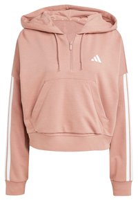 Roza skrajšana kapuca iz mehkega materiala s sprednjim žepom, belim zadrgo in belimi črtami ob rokavih. Ima klasično kapuco.