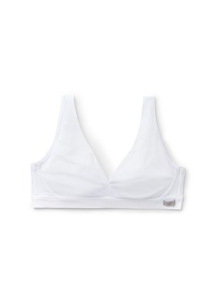 White fabric bralette with a triangular design, smooth texture, wide bands, and minimal hardware accents. Adjustable straps included.
