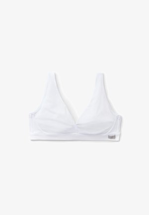 Bralette en tissu blanc avec un design triangulaire, texture lisse, larges bandes et accents matériels minimalistes. Bretelles réglables incluses.