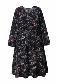 Musta mekko, jossa pitkät hihat, V-pääntie ja koottu vyötärö. Sininen, vaaleanpunainen ja valkoinen kukallinen perhoskuosi. Kerroksittain laskostettu hame.