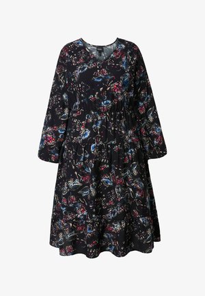 Vestito nero con maniche lunghe, scollo a V e vita arricciata. Stampa floreale con farfalle in blu, rosa e bianco. Design della gonna a strati.