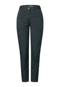 Dark green, lightweight trousers with an elastic waistband, button closure, and multiple pockets featuring a smooth texture and tapered leg design.