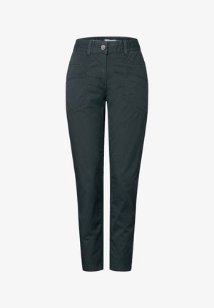 Pantalons légers de couleur vert foncé avec une taille élastique, fermeture à bouton, et plusieurs poches, présentant une texture lisse et un design de jambe fuselée.