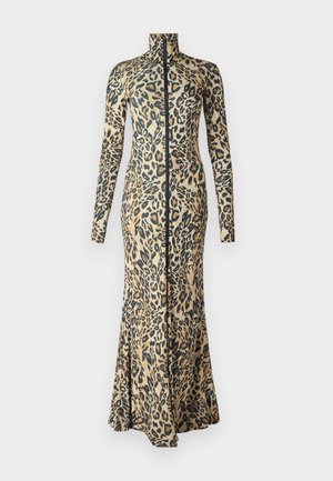 Leopardenmuster-Kleid mit langen Ärmeln, hohem Kragen und Front-Reißverschluss. Figurnahe Silhouette, die sich am Saum ausstellt, aus einem glatten Stoff gefertigt.