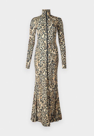 Leopard print dress with long sleeves, high collar, and front zipper. Fitted silhouette flares at the hem, crafted from a smooth fabric.