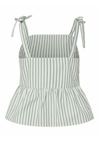 Top de peplum a rayas verdes y blancas con tirantes ajustables, tejido suave y dobladillo acampanado. Diseñado con líneas verticales en toda su extensión.