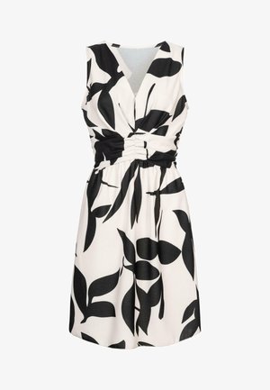 Kremveida bezpiedurkņu kleita ar melnu lapu rakstu, kurai ir V veida kakla izgriezums, savilkta josta un izplesta svārku daļa. Gluda auduma tekstūra.