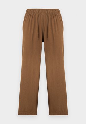 Καφέ φαρδιά παντελόνια με ελαστική μέση, ίσια πόδια και χωρίς ορατές τσέπες ή σχέδια.