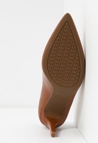 Chaussure à talons hauts en cuir marron avec un bout pointu. La semelle présente une texture antidérapante avec un logo gravé. Texture lisse.