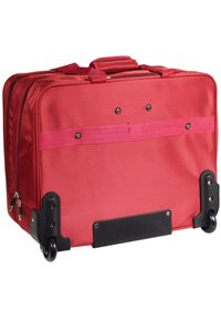 Red fabric rolling bag with a rectangular shape, two wheels, a sturdy handle, and a front zip pocket. Black plastic base for stability.