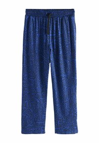 Zili bikses ar melnu abstraktu līniju rakstu, ar elastīgu jostu un auklu. Viegls, gluds audums. Gadījuma dizains.