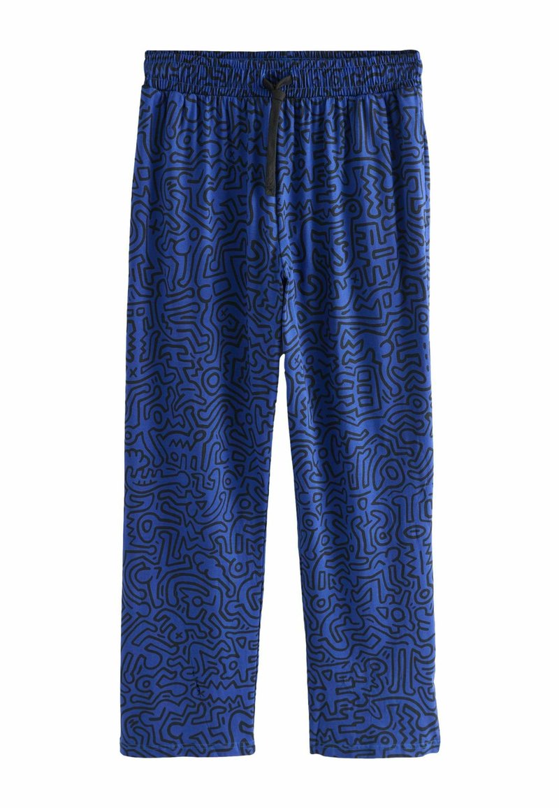 Zili bikses ar melnu abstraktu līniju rakstu, ar elastīgu jostu un auklu. Viegls, gluds audums. Gadījuma dizains.