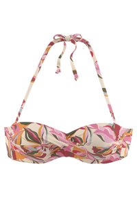 Cvečni bikini top v odtenkih roza, oranžne in zelene, s halter vezmi, zasnovo s zavitjem spredaj in brezšivnimi skodelicami za udobje.