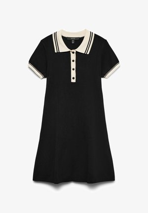 Abito polo nero con maniche corte, colletto e polsini crema con strisce nere, chiusura a bottoni e orlo svasato.
