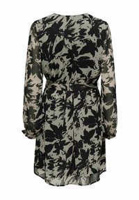 Robe longue à manches longues en tissu transparent avec imprimé floral noir sur fond gris, taille cintrée et poignets froncés, vue de dos.