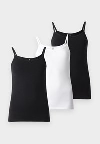 Trois débardeurs : un noir, un blanc, tous deux avec des bretelles fines et une coupe ajustée, fabriqués en coton doux et extensible.