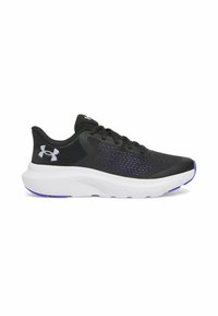 Chaussure de sport noire avec une tige en maille respirante, semelle intermédiaire blanche et accents violets sur la semelle et les coutures. Elle dispose de lacets traditionnels.