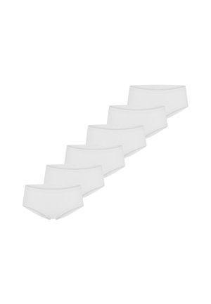 Seks ensfarvede hvide bomuldsunderbukser arrangeret diagonalt på en hvid baggrund.