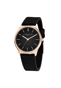 Zwarte horloge met een minimalistische zwarte wijzerplaat en gouden accenten. Beschikt over een soepele zwarte leren strap en eenvoudige uurmarkeringen.