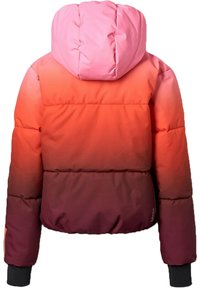 Giacca a vento con un gradiente dal rosa al rosso, cappuccio, design trapuntato, polsini elasticizzati e dettaglio del logo sul lato sinistro. Tessuto morbido e isolato.