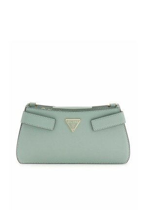 Bolso de mano Guess verde menta con acabado texturizado, logo triangular dorado y dos detalles de correas horizontales en la parte frontal.
