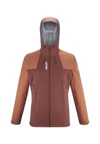 Veste légère brun et beige avec capuche, dotée d'un zip intégral, de cordons de serrage ajustables et de deux poches avant.