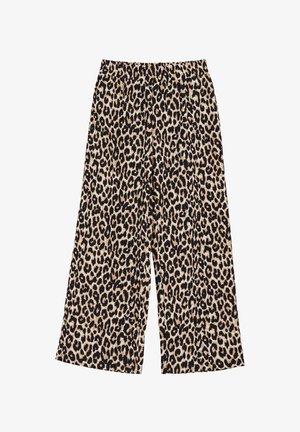 Leopardi mustriga laiade puuduvate pükste elastne vöökoht. Värvipalett sisaldab tan, musta ja pruuni. Pehme kangast tekstuur.