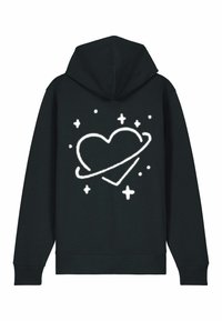 Black hoodie with a white graphic design featuring a heart encircled by a ring and stars. Soft fabric, kangaroo pocket, and drawstring hood.