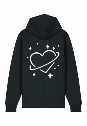 Black hoodie with a white graphic design featuring a heart encircled by a ring and stars. Soft fabric, kangaroo pocket, and drawstring hood.