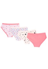 Fyra par korta underkläder i mjuk bomull: rosa med hjärtan, blommönster, krämfärgade med stjärnor och enfärgat rosa. Olika färger och mönster.