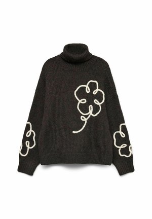 Maglione nero a maglia con collo alto. Presenta ricami floreali bianchi su entrambe le maniche. Materiale spesso e texture.