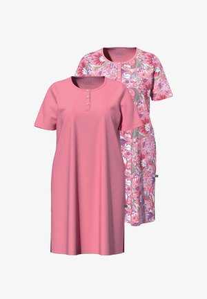 To natkjoler til knæet med korte ærmer; den ene ensfarvet lyserød, den anden lyserød med blomstermønster og spiraldesign, begge med rund hals og tre knapper.