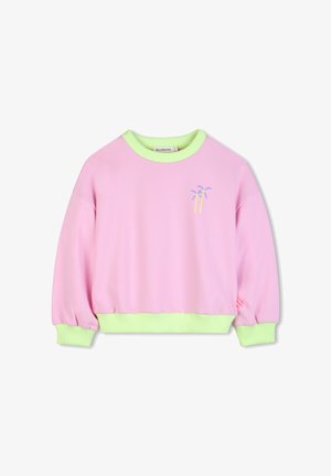 Pink long-sleeve sweatshirt with light green ribbed cuffs, hem, and collar, featuring small blue and yellow palm tree graphic on chest.