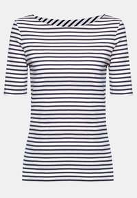 Camiseta a rayas de manga corta, con rayas horizontales en azul marino y blanco. Diseño de escote barco. Tejido de algodón suave con ligero elasticidad.