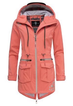 Water-resistant coral jacket with a hood, two front pockets, grey interior lining, and reflective accents on the right side. Zipper closure.