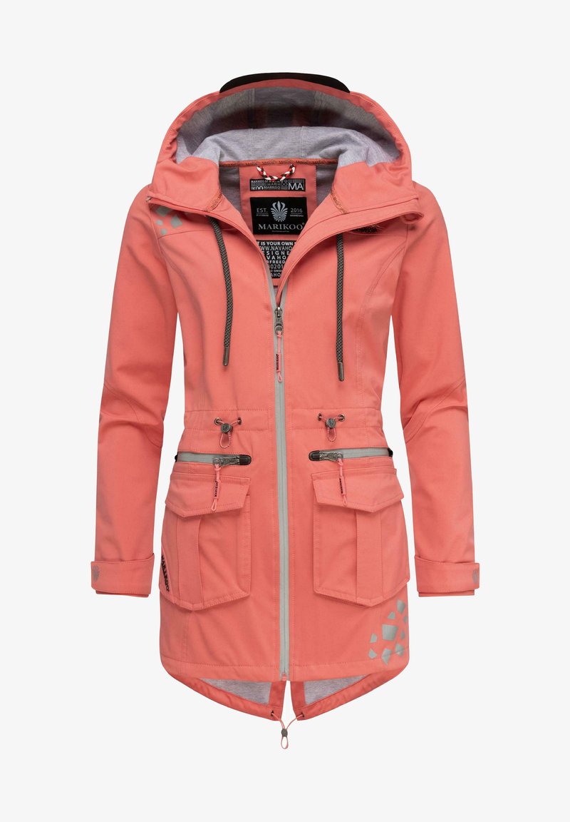 Water-resistant coral jacket with a hood, two front pockets, grey interior lining, and reflective accents on the right side. Zipper closure.