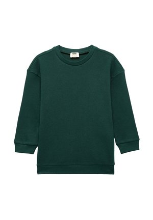 Zielona bluza z fakturą w wafle, z okrągłym dekoltem, opadającymi ramionami oraz ściągaczami przy mankietach i u dołu.