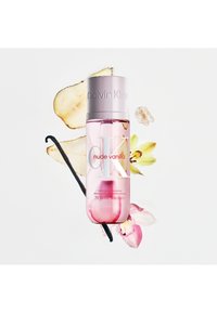 Calvin Klein CK Nude Vanilla, 7.9 fl oz bottle; pink glass with a silver cap; features floral and vanilla accents in the background.