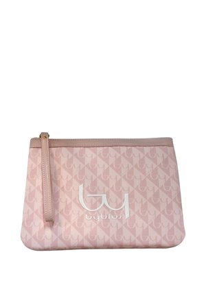 Pochette da polso rosa con motivo geometrico ripetuto e logo "byblos" bianco sul davanti, tessuto strutturato e rifiniture in pelle.