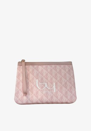 Pochette da polso rosa con motivo geometrico ripetuto e logo "byblos" bianco sul davanti, tessuto strutturato e rifiniture in pelle.