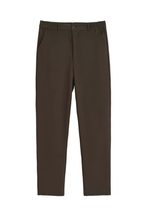 Pantalon droit marron foncé avec poches avant, fermeture par bouton et côtés élastiques à la taille.