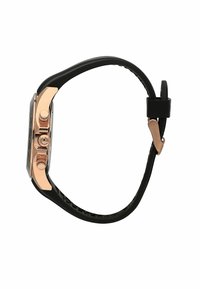 Orologio con cinturino in gomma nera, quadrante rettangolare nero, dettagli in oro rosa e corona. Due pulsanti sono posizionati su un lato per le funzioni.