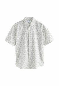 Kortærmet skjorte med knaplukning i lysegrå med et geometrisk mønster, der har krave og en afslappet pasform. Lavet af åndbart stof.