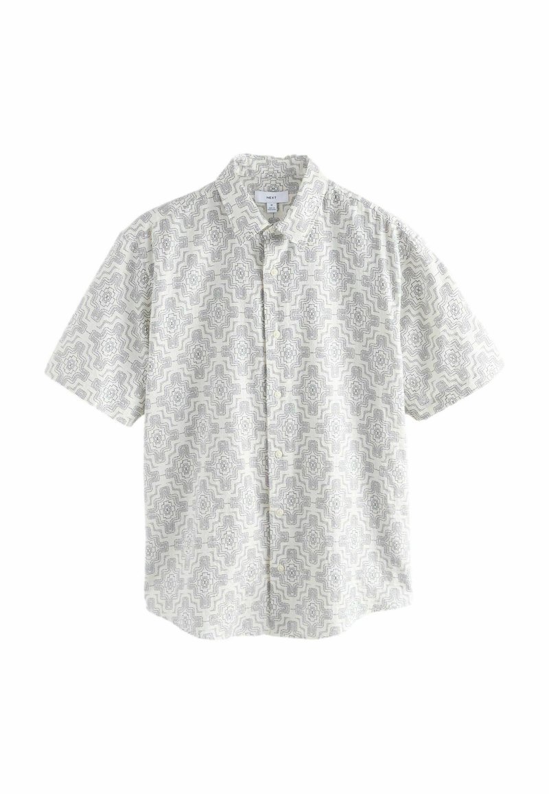 Kortærmet skjorte med knaplukning i lysegrå med et geometrisk mønster, der har krave og en afslappet pasform. Lavet af åndbart stof.